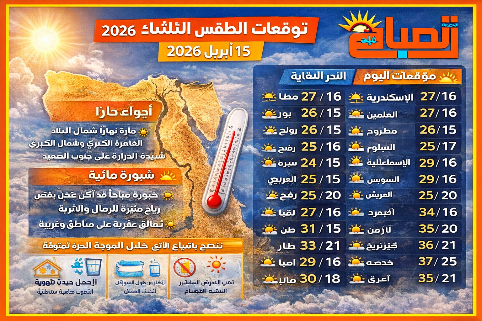 طقس الثلاثاء 15 أبريل 2026.. موجة حارة تضرب مصر